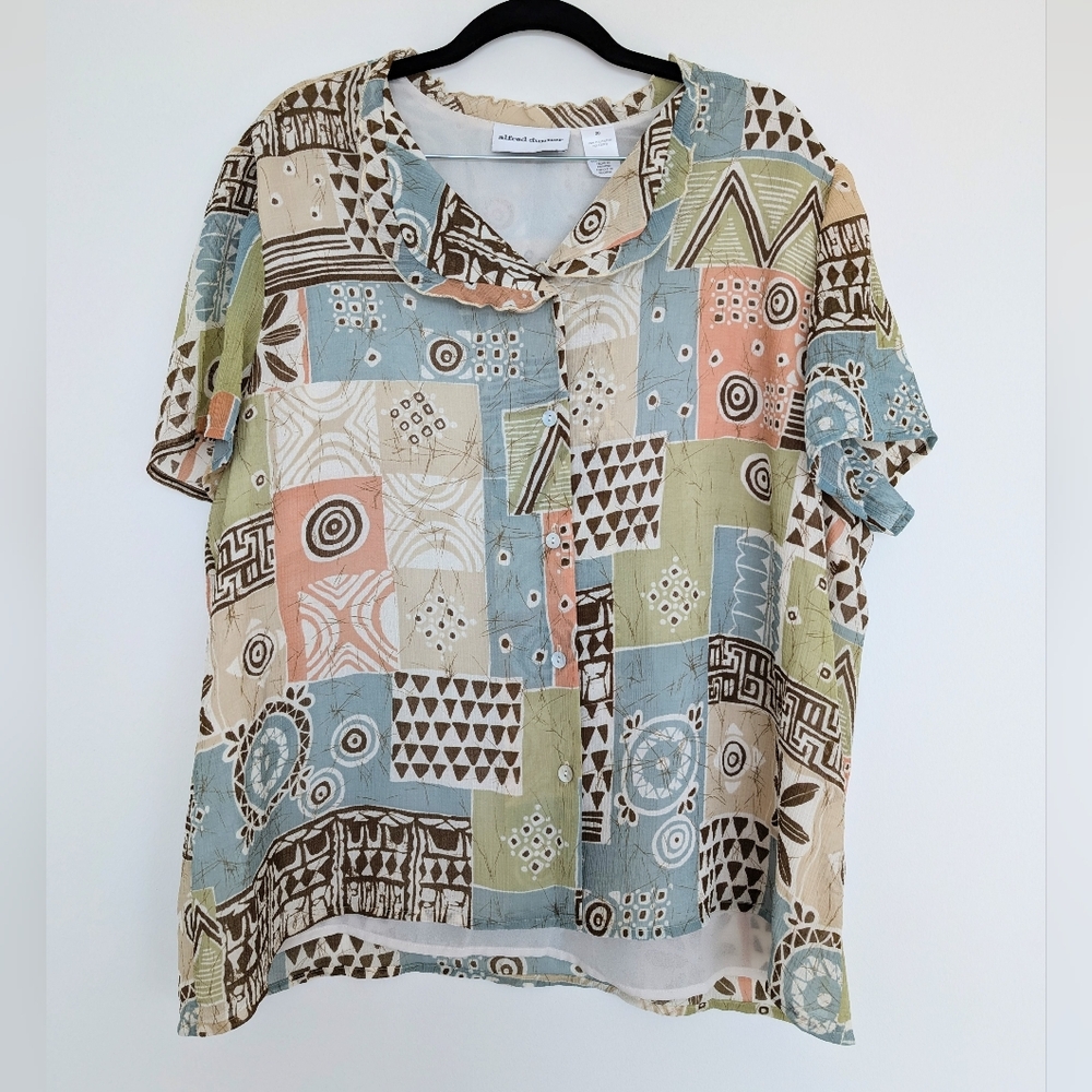 Alfred Dunner Colorful Gauzy Lined Flowy Patterned Button Up Blouse Artsy Sz 20